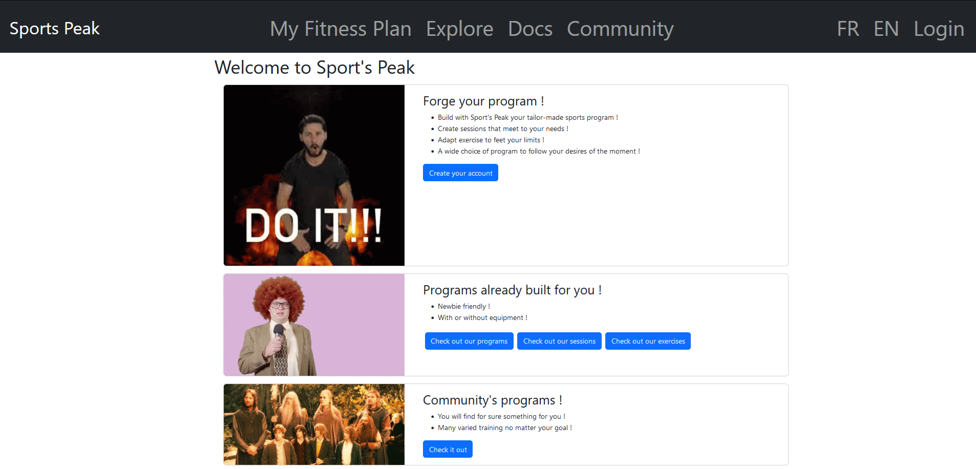 sports peak main menu